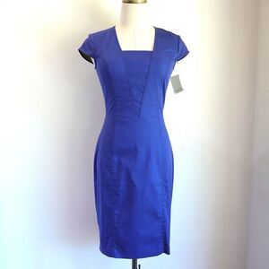 Marc New York Andrew Marc Bodycon Shift Dress Stitching Details Cap Sleeves Blue